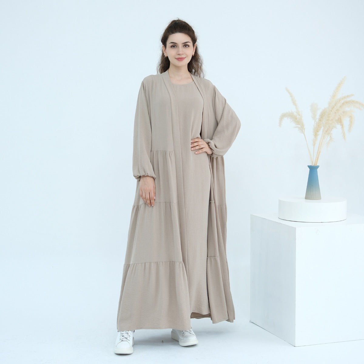 Solid Color Puff Sleeve Layered Maxi Dress Robe Dress Two-Piece Set (MOA165)