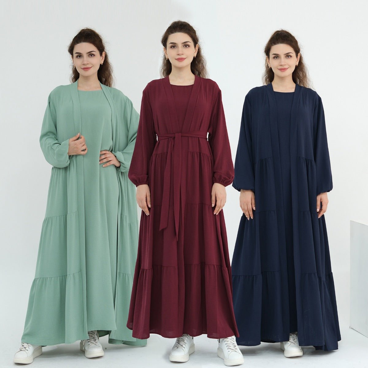 Solid Color Puff Sleeve Layered Maxi Dress Robe Dress Two-Piece Set (MOA165)