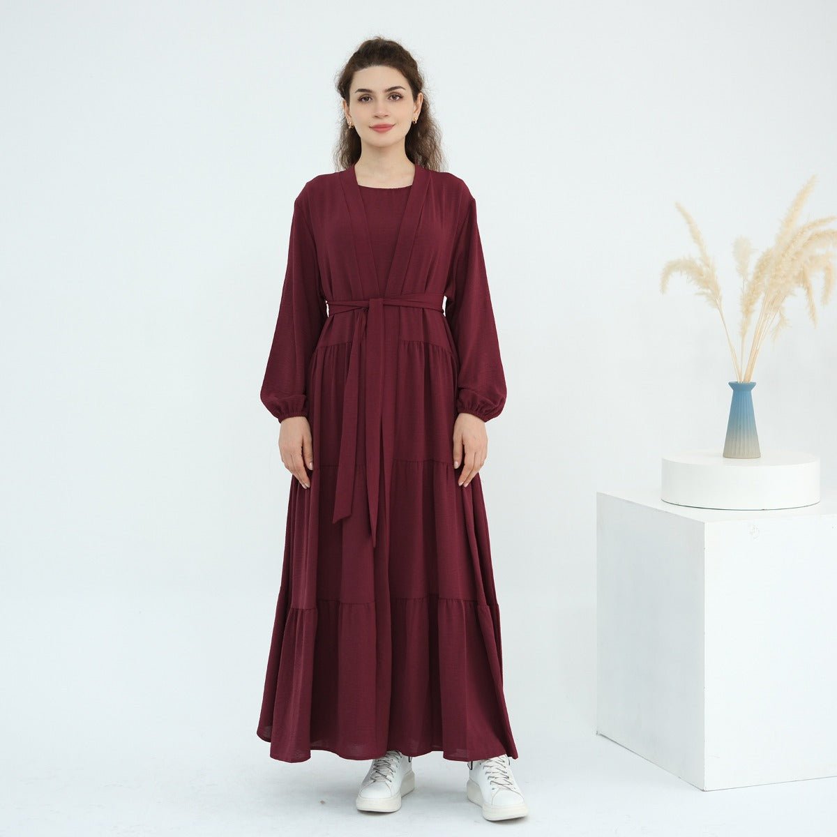 Solid Color Puff Sleeve Layered Maxi Dress Robe Dress Two-Piece Set (MOA165)