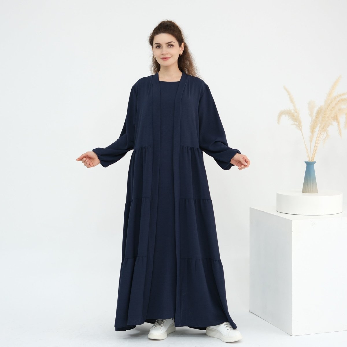 Solid Color Puff Sleeve Layered Maxi Dress Robe Dress Two-Piece Set (MOA165)