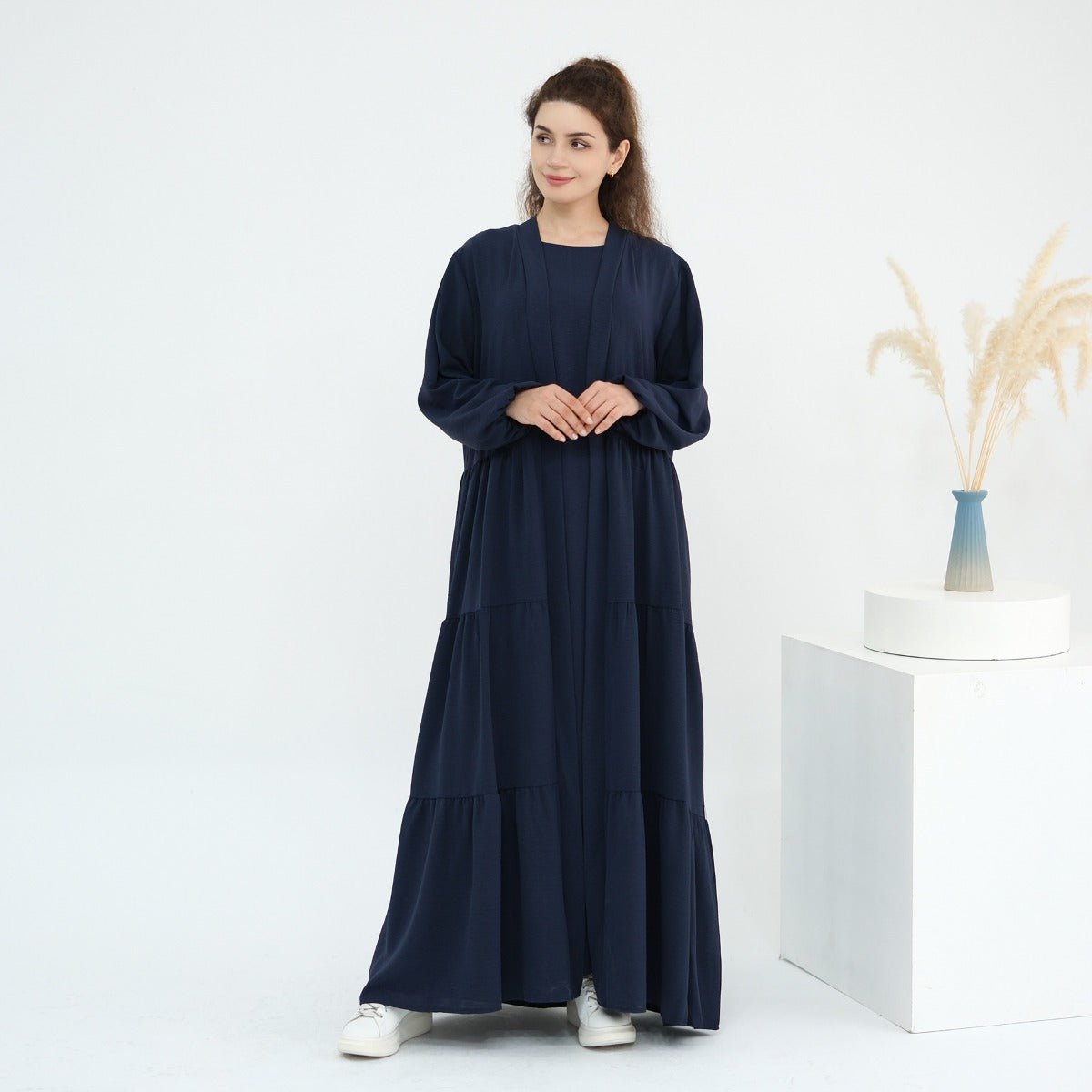 Solid Color Puff Sleeve Layered Maxi Dress Robe Dress Two-Piece Set (MOA165)