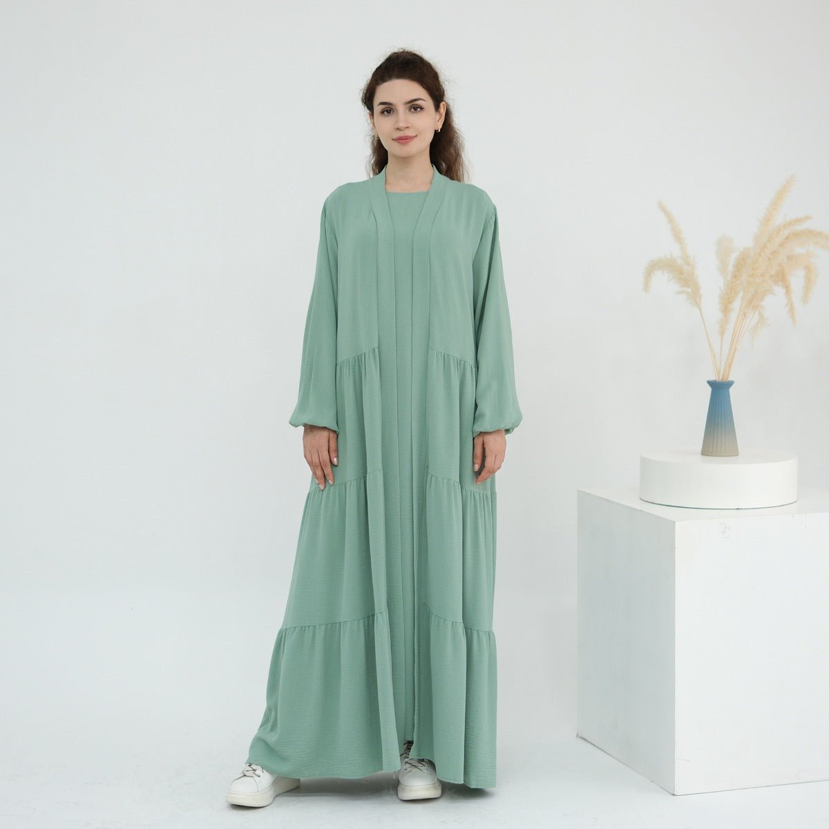Solid Color Puff Sleeve Layered Maxi Dress Robe Dress Two-Piece Set (MOA165)