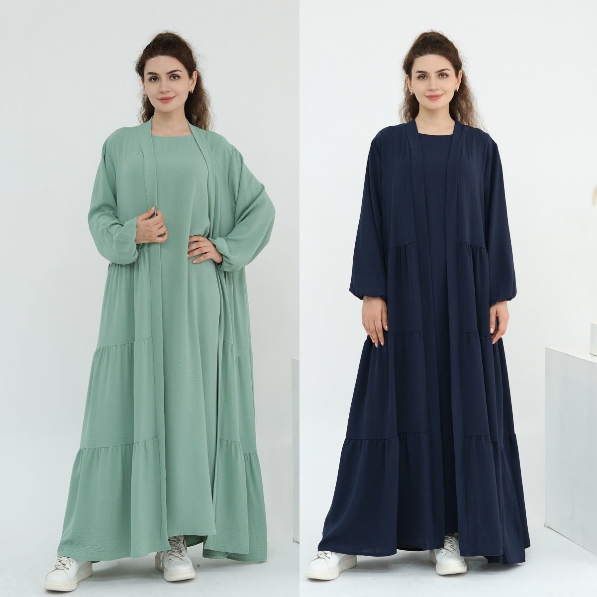 Solid Color Puff Sleeve Layered Maxi Dress Robe Dress Two-Piece Set (MOA165)