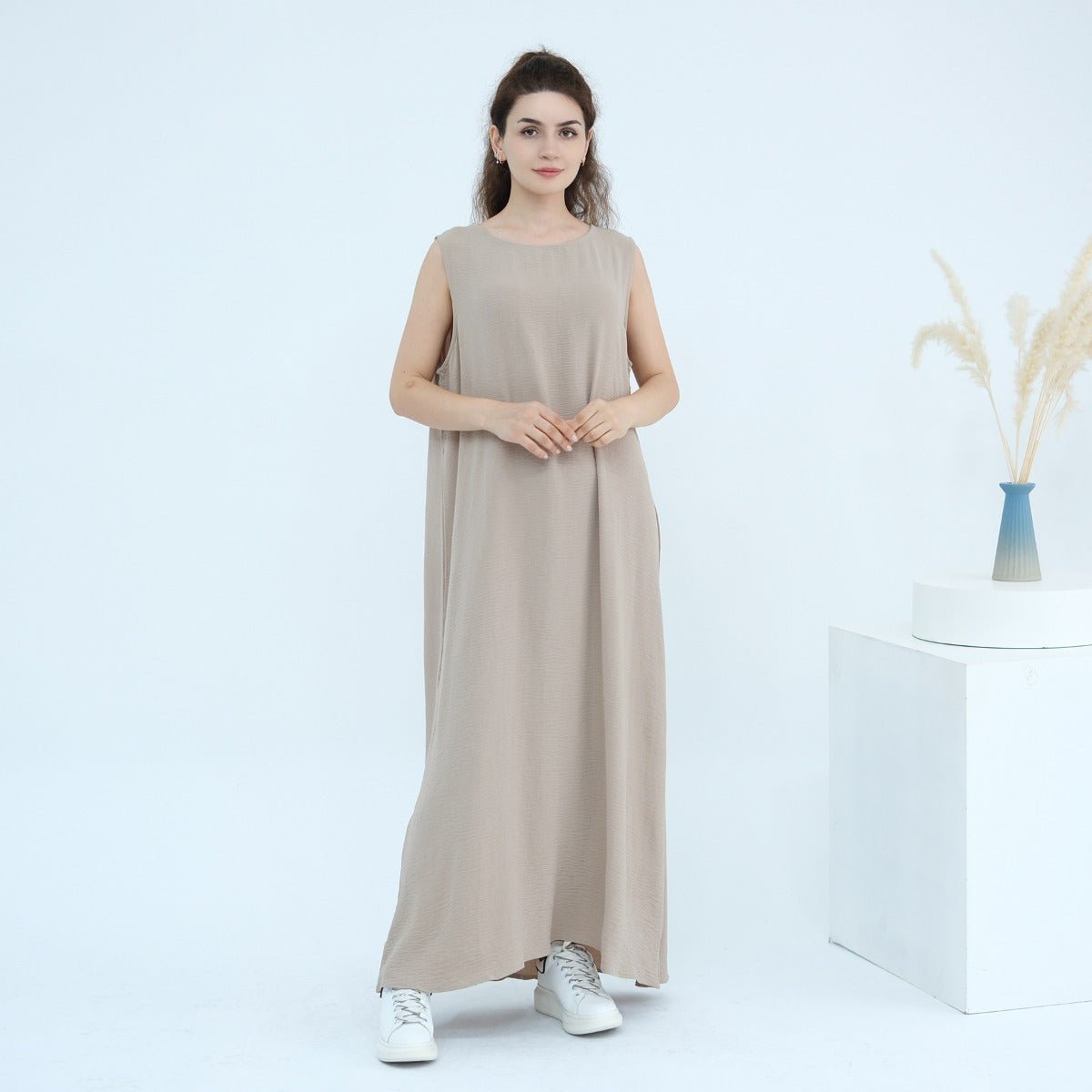 Solid Color Puff Sleeve Layered Maxi Dress Robe Dress Two-Piece Set (MOA165)