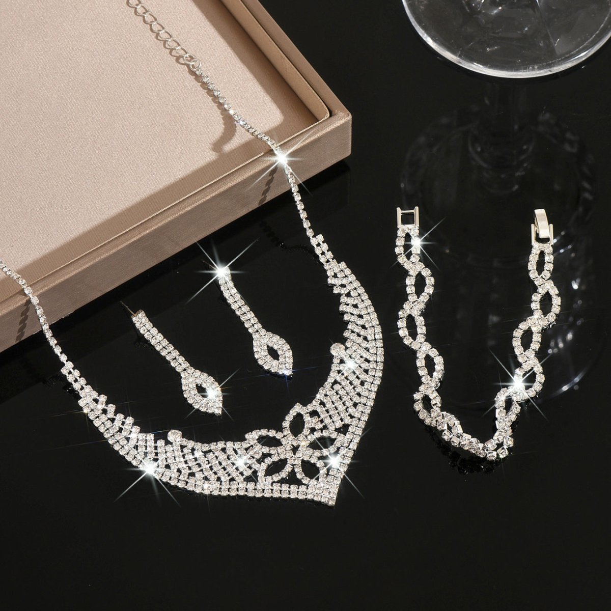 Sparkling Rhinestone Trio Earrings Necklace Bracelet Collection (MAC315)