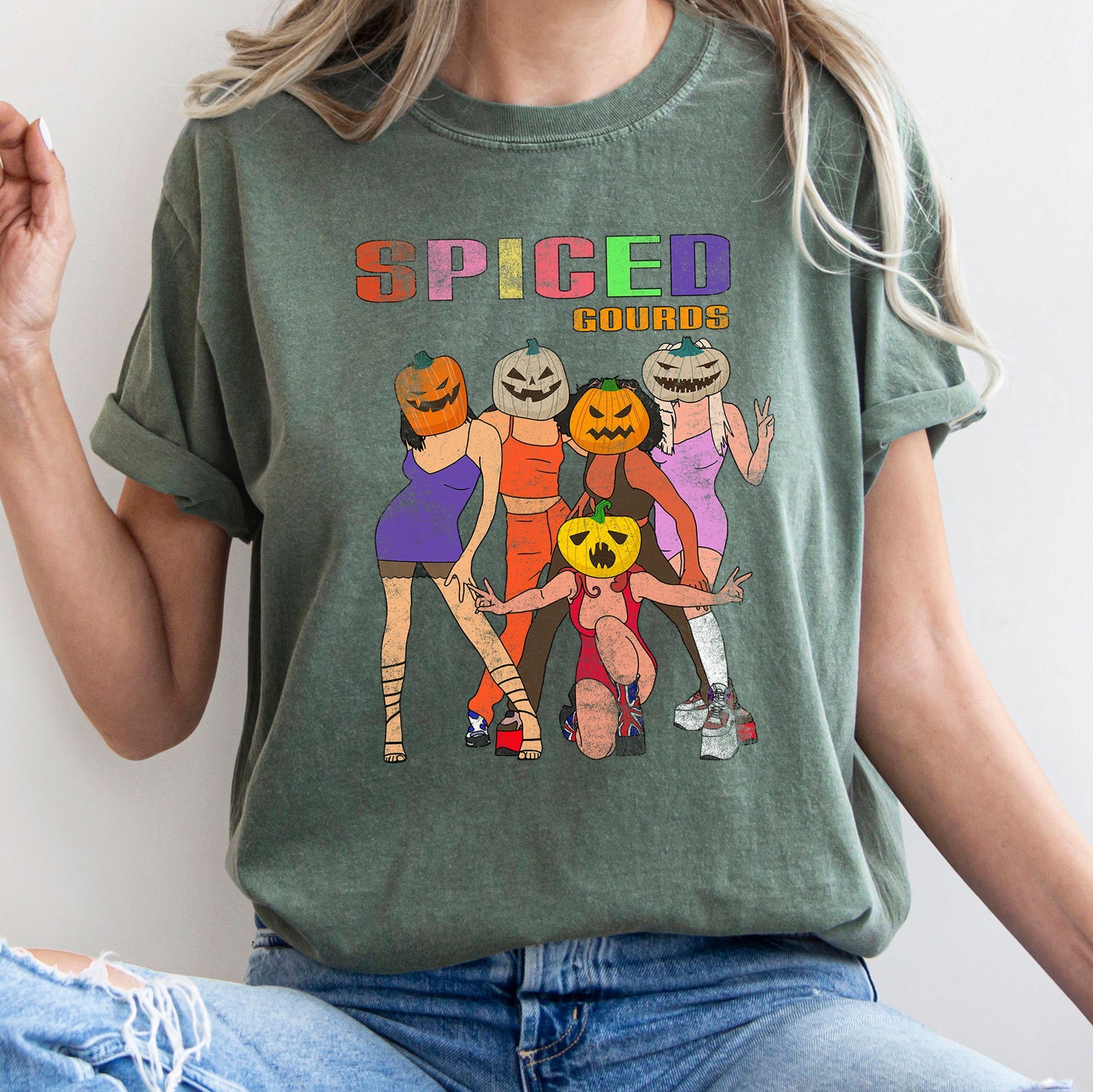 Spiced Gourds Funny Retro Halloween Haunted Harvest Moon Illustration Comfort Colors Tee