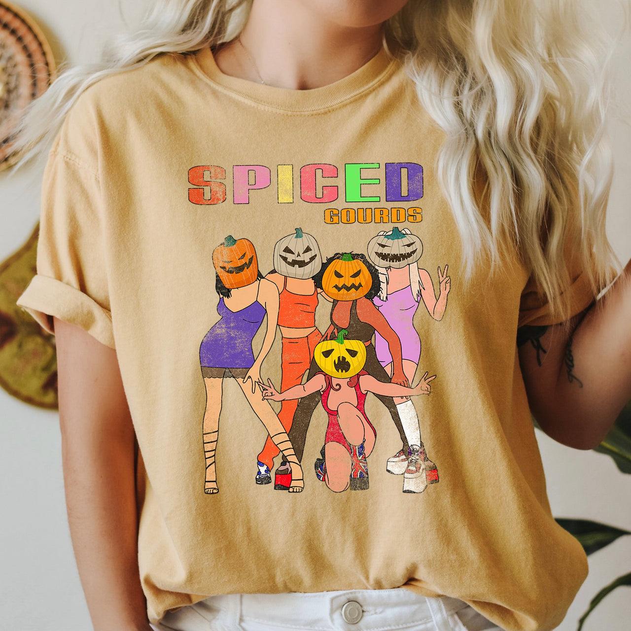 Spiced Gourds Funny Retro Halloween Haunted Harvest Moon Illustration Comfort Colors Tee