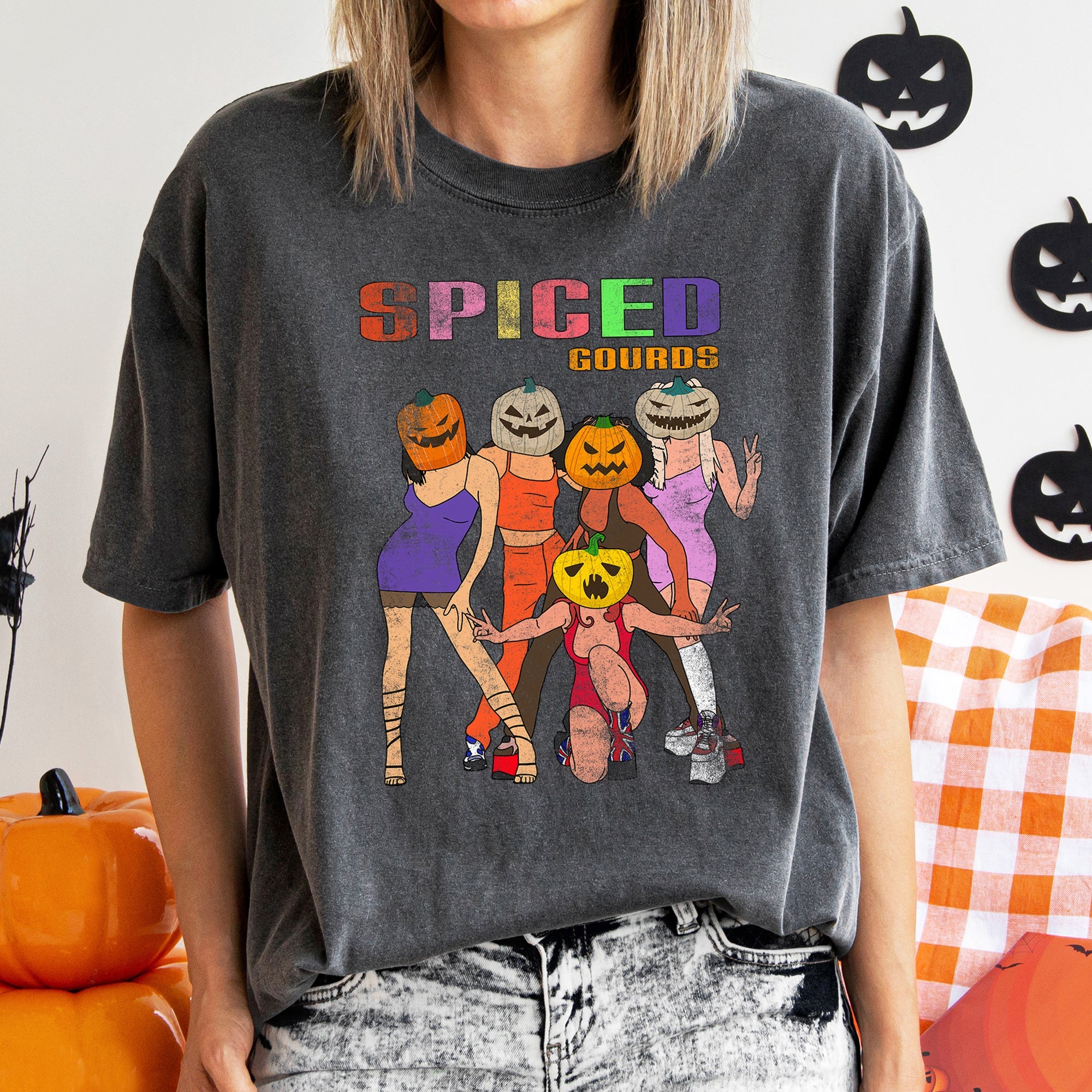 Spiced Gourds Funny Retro Halloween Haunted Harvest Moon Illustration Comfort Colors Tee