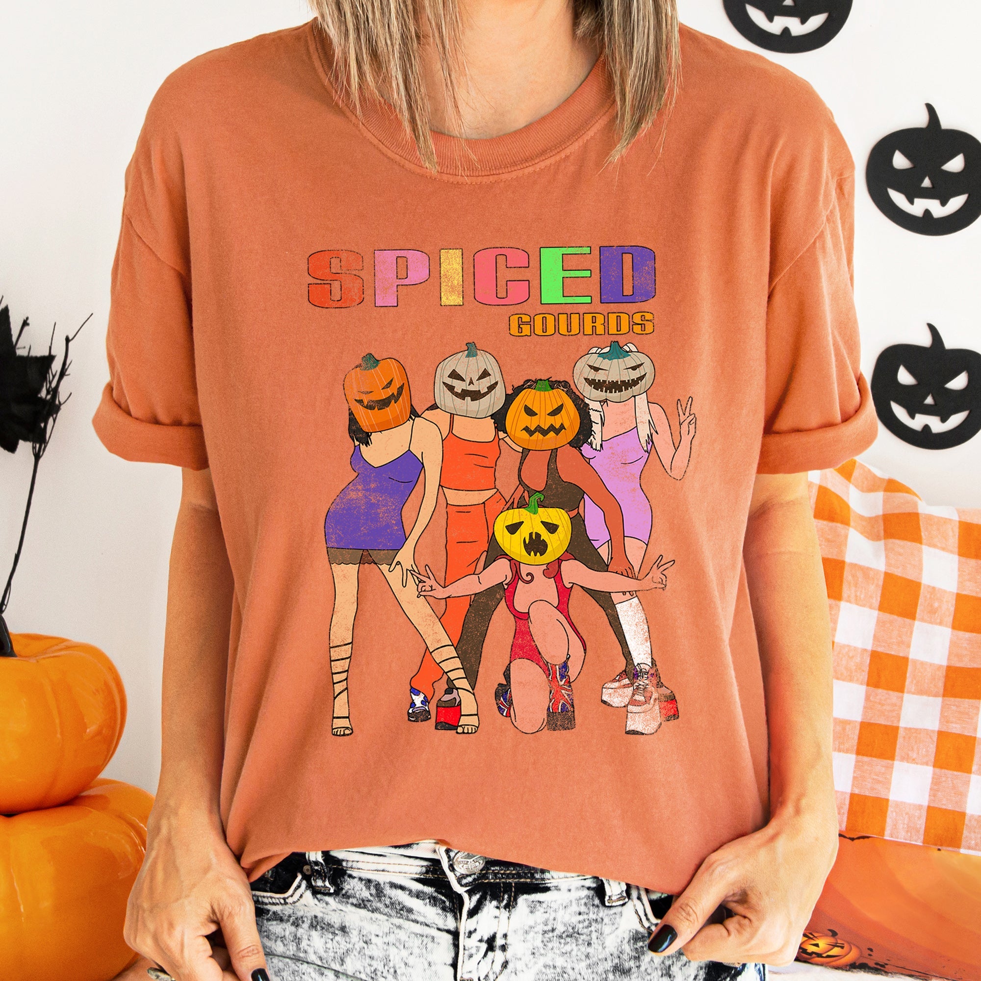 Spiced Gourds Funny Retro Halloween Haunted Harvest Moon Illustration Comfort Colors Tee
