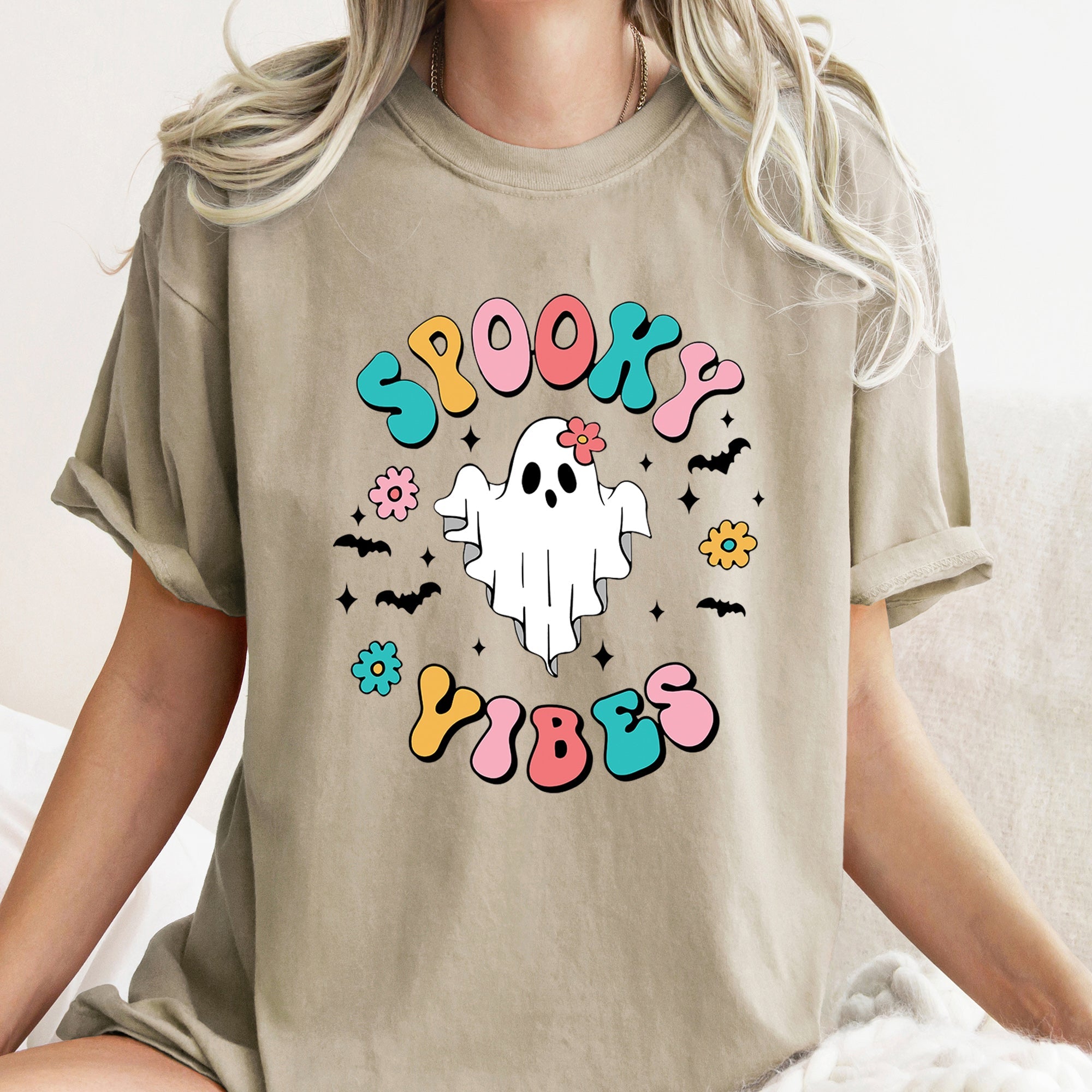 Spooky Vibes Ghost Retro Halloween Night Spirit Edition Deluxe Comfort Colors Tee