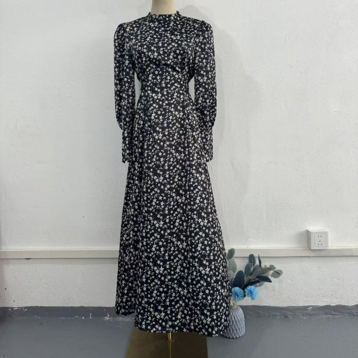 Spring Floral Satin Maxi Dress | High Neck Puff Sleeve Dress with Adjustable Waist Tie - Blue & White Botanical Print (MA236)