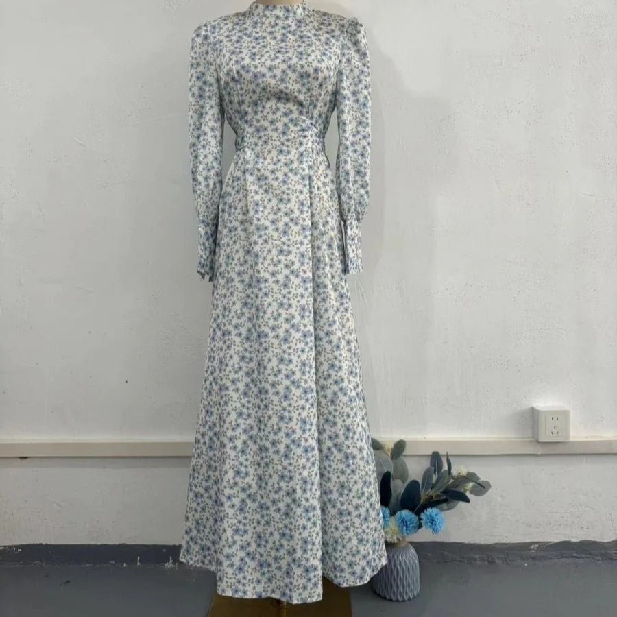 Spring Floral Satin Maxi Dress | High Neck Puff Sleeve Dress with Adjustable Waist Tie - Blue & White Botanical Print (MA236)