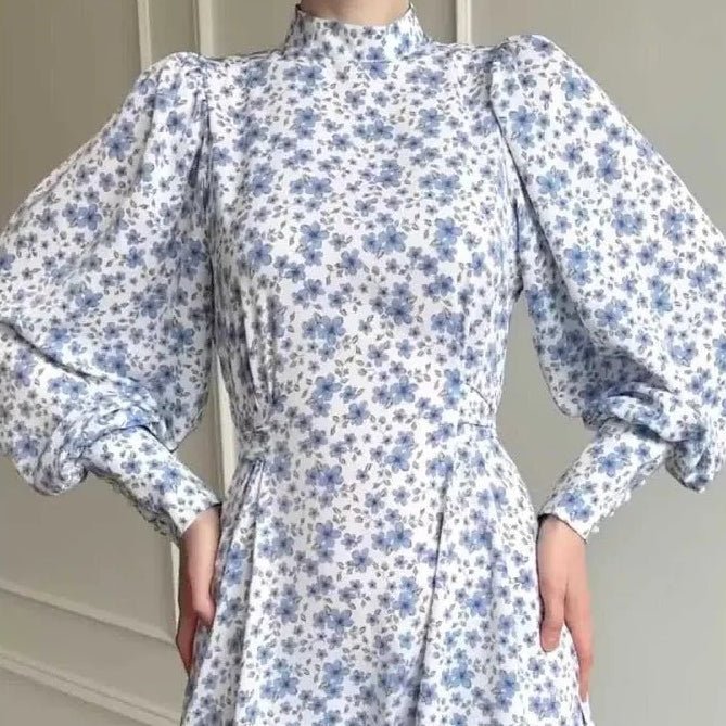Spring Floral Satin Maxi Dress | High Neck Puff Sleeve Dress with Adjustable Waist Tie - Blue & White Botanical Print (MA236)