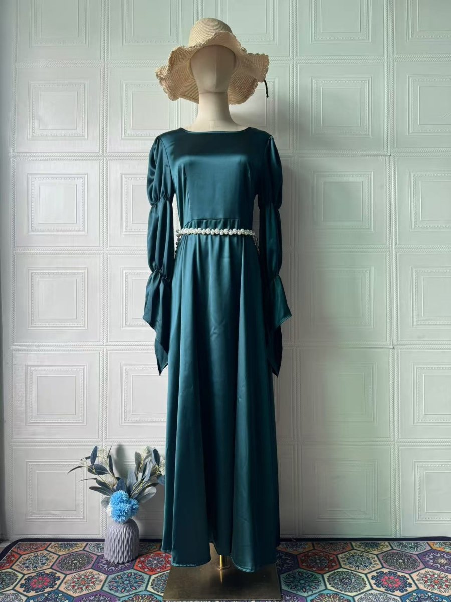 Luxury Slim-Fit Long Sleeve Dress Abaya | Emerald Green Maxi Dress (MA217)