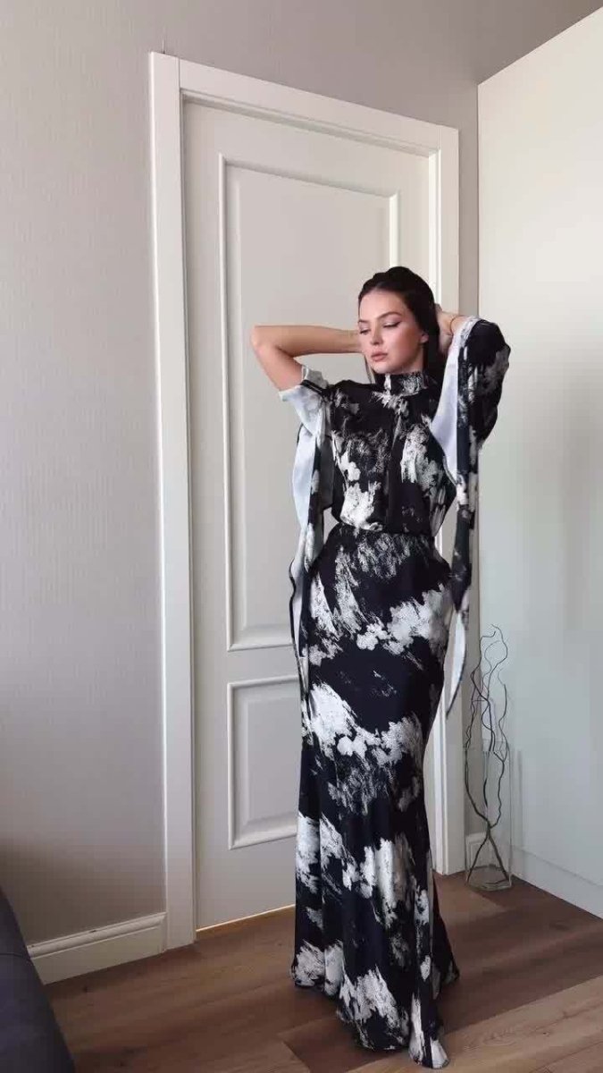 Spring Slim-Fit Lace-Up Satin Print Irregular Design Long Dress (MA162)