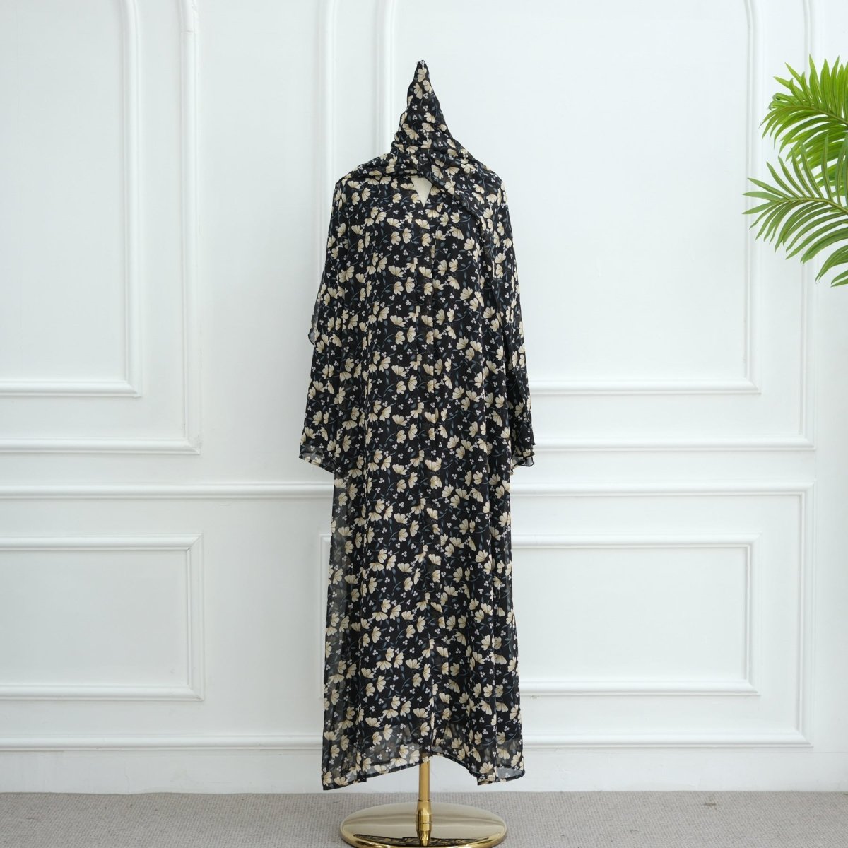 Spring Summer Floral Print Chiffon Cardigan | Double-Layer Modest Cover-Up Abaya (MOA170)