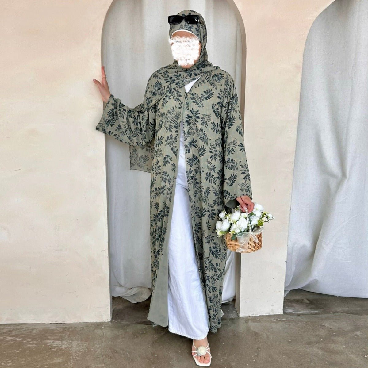 Spring Summer Floral Print Chiffon Cardigan | Double-Layer Modest Cover-Up Abaya (MOA170)