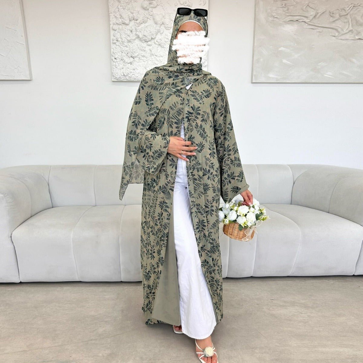 Spring Summer Floral Print Chiffon Cardigan | Double-Layer Modest Cover-Up Abaya (MOA170)