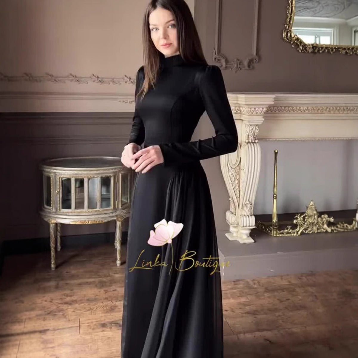 Spring Temperament Black Maxi Dress And Elegant High Neck Long Sleeve Dress with Floral Accent (MA220)