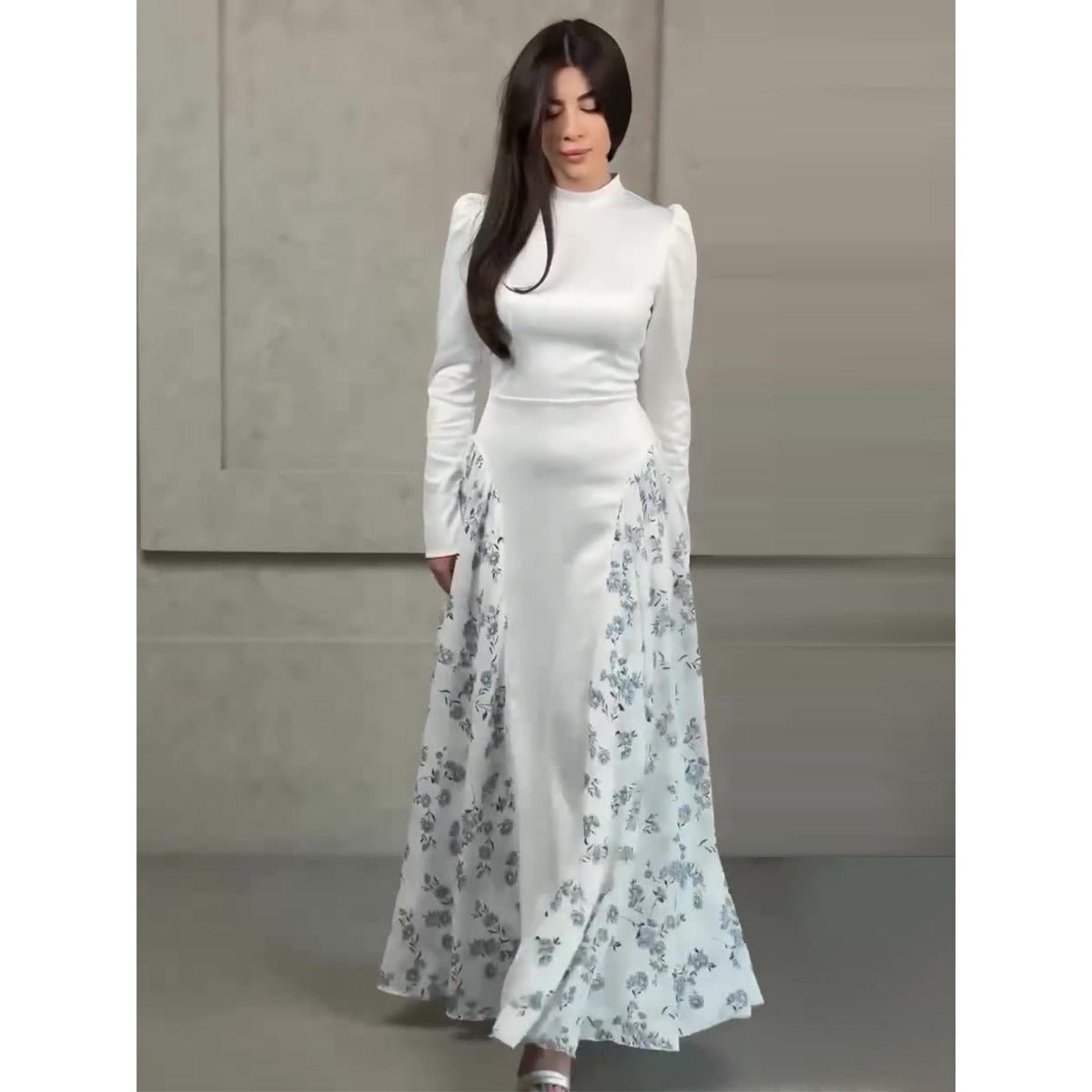 Spring Temperament Black Maxi Dress And Elegant High Neck Long Sleeve Dress with Floral Accent (MA220)