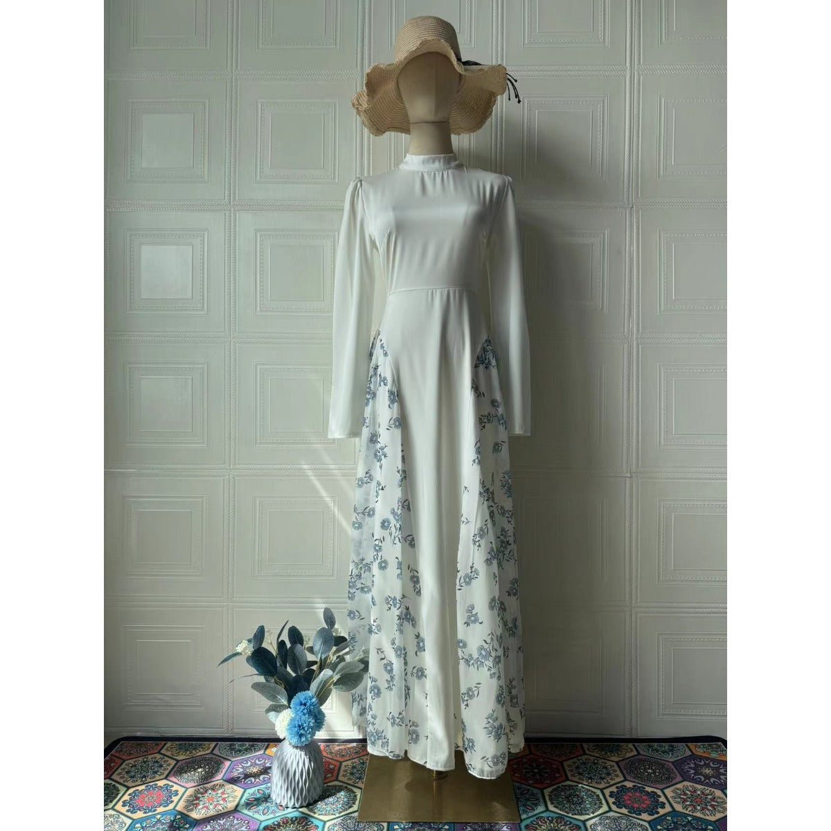 Spring Temperament Black Maxi Dress And Elegant High Neck Long Sleeve Dress with Floral Accent (MA220)