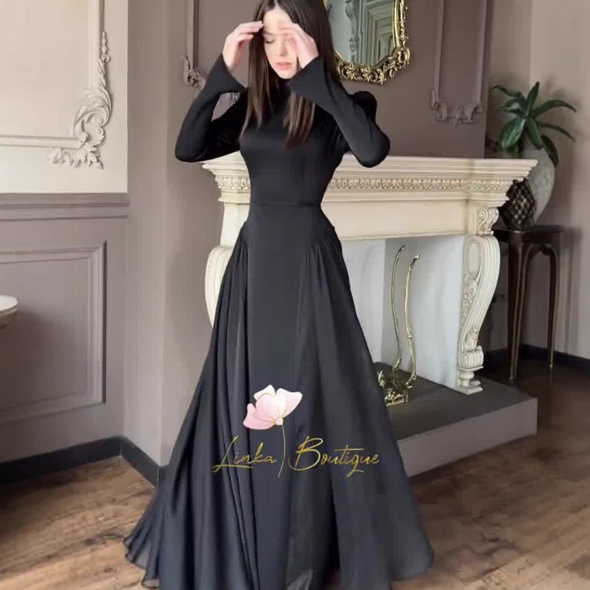 Spring Temperament Black Maxi Dress And Elegant High Neck Long Sleeve Dress with Floral Accent (MA220)