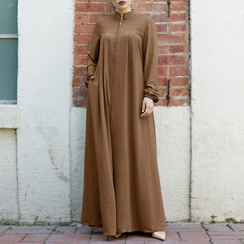 Stand-Collar Zipper Cardigan with Pockets | Modest Long Maxi Dress Abaya(MA155)