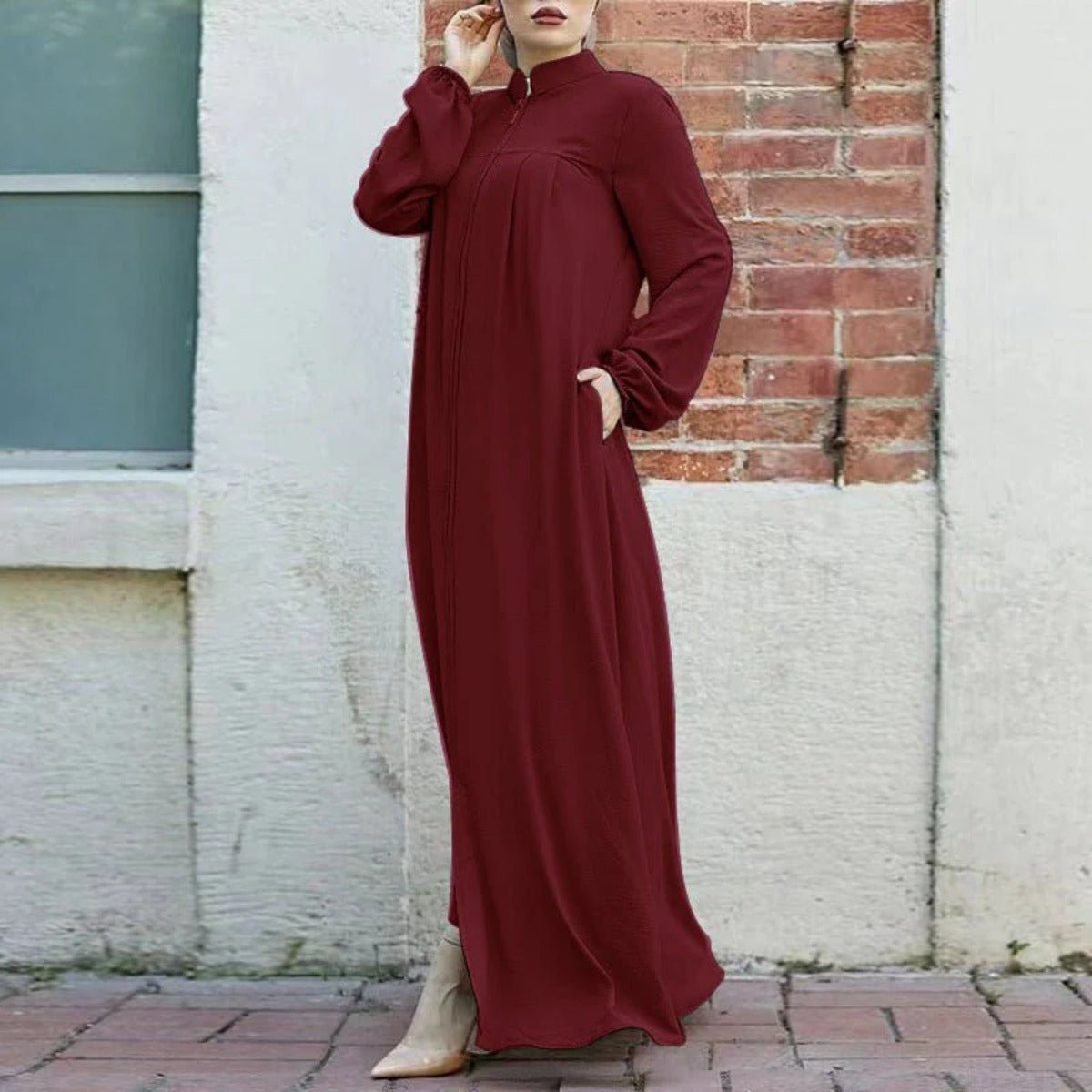 Stand-Collar Zipper Cardigan with Pockets | Modest Long Maxi Dress Abaya(MA155)
