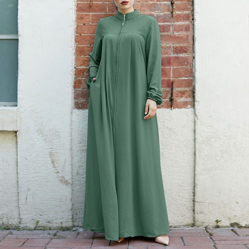 Stand-Collar Zipper Cardigan with Pockets | Modest Long Maxi Dress Abaya(MA155)