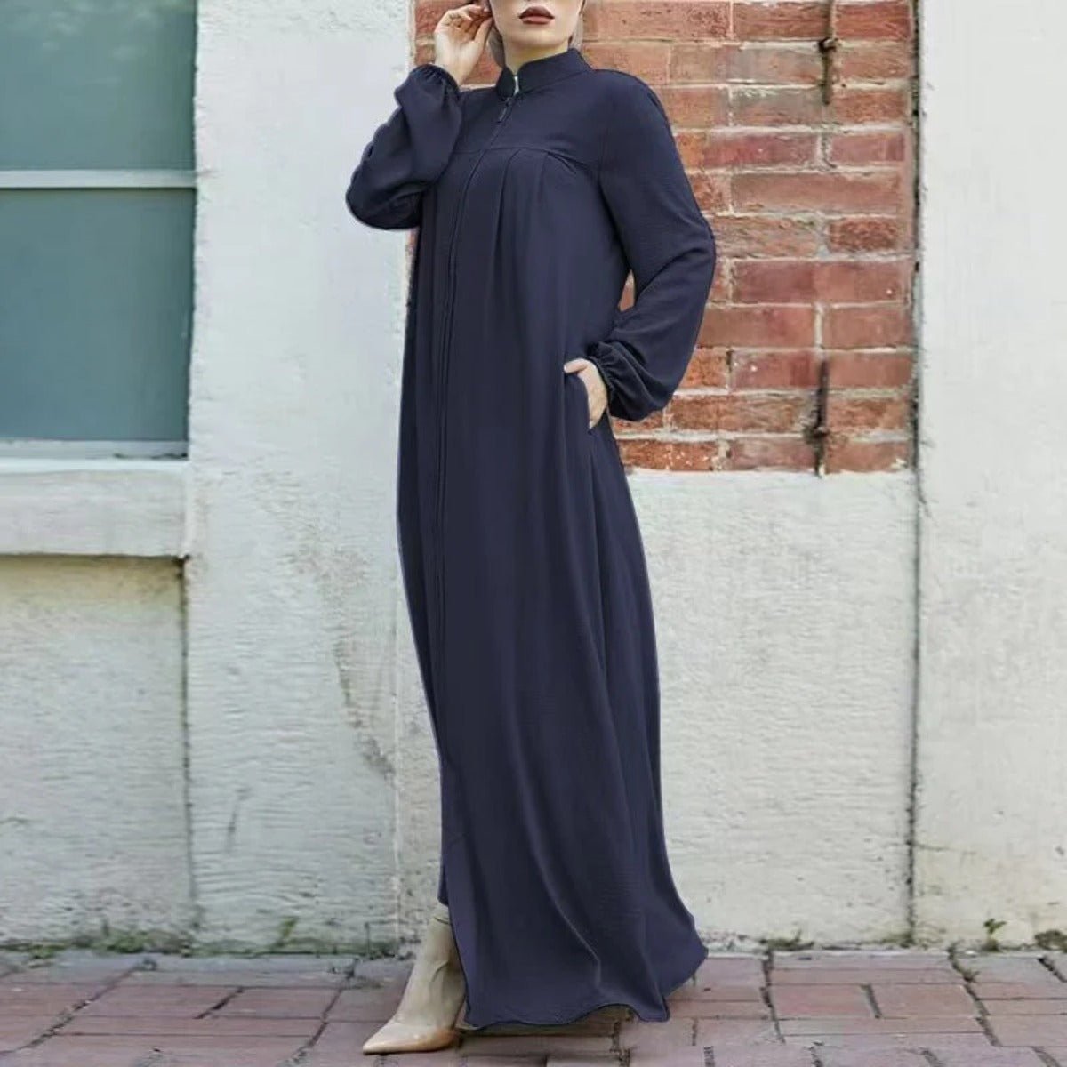 Stand-Collar Zipper Cardigan with Pockets | Modest Long Maxi Dress Abaya(MA155)