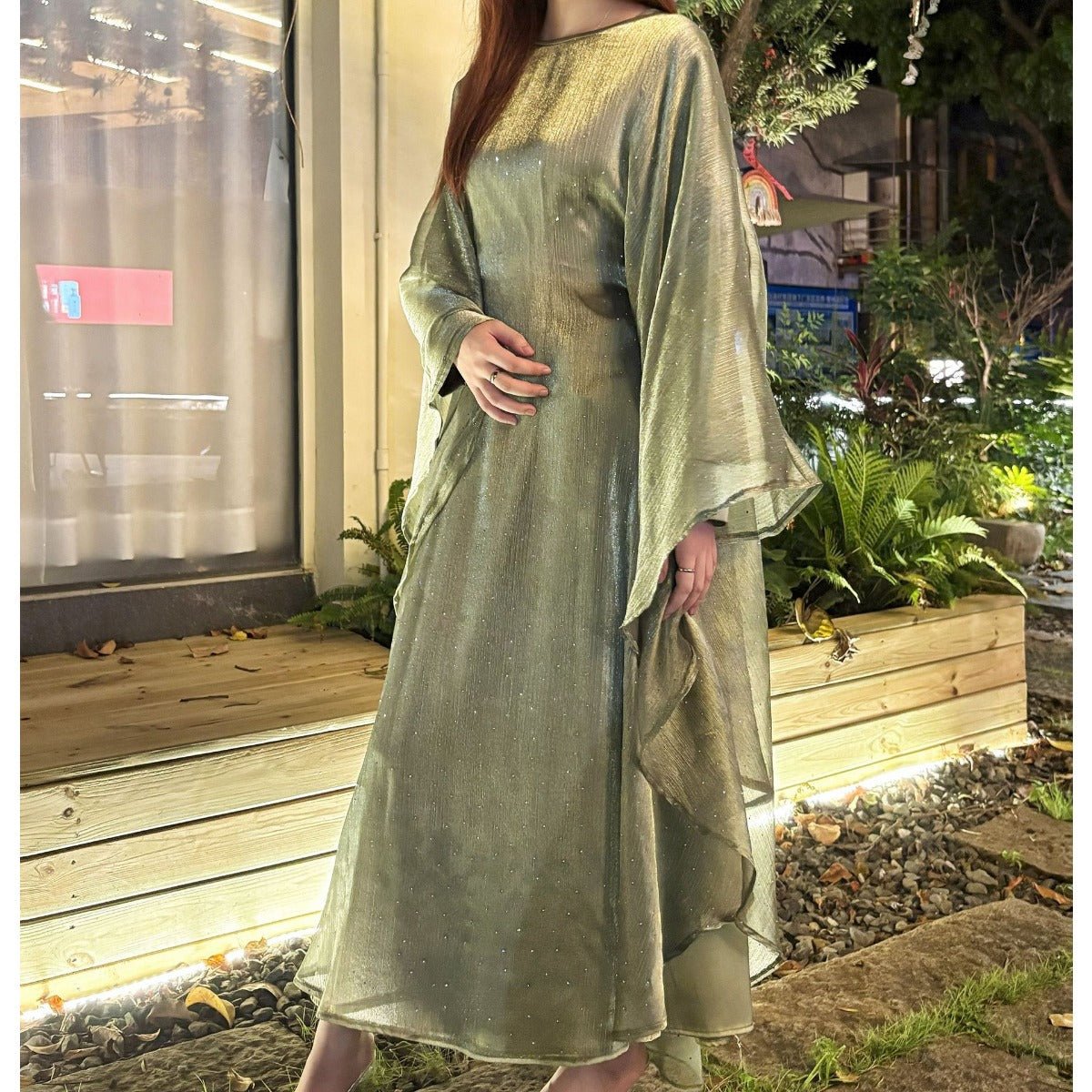 Olive Green Sequin Abaya Dress | Starry Night 2-Piece Maxi Dress with Flowing Cape (MA243)