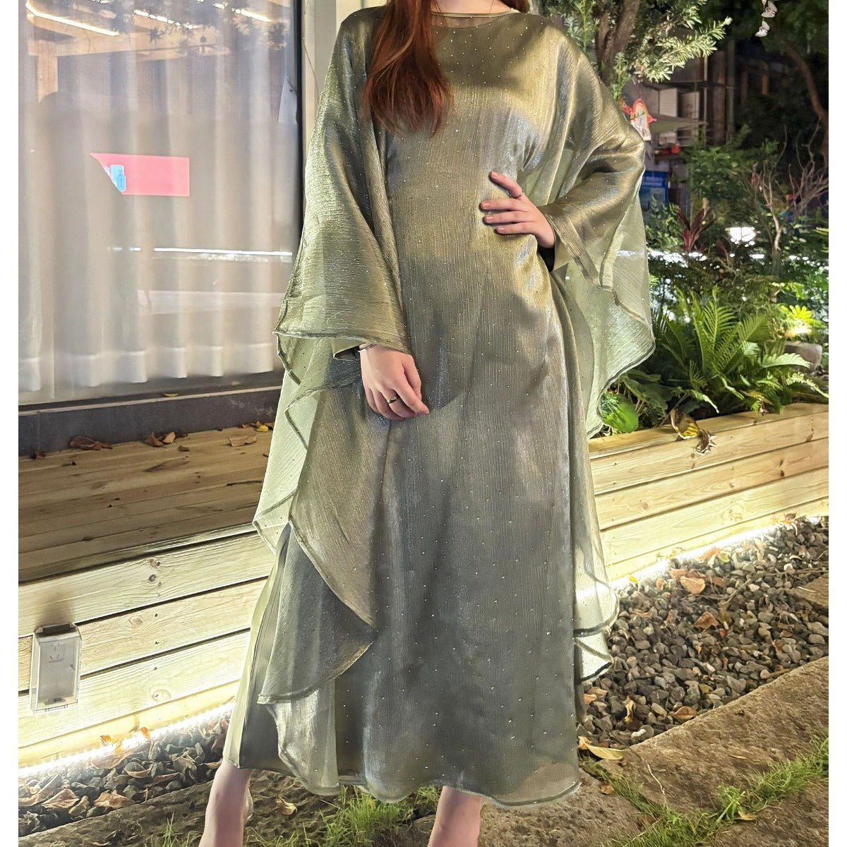 Olive Green Sequin Abaya Dress | Starry Night 2-Piece Maxi Dress with Flowing Cape (MA243)