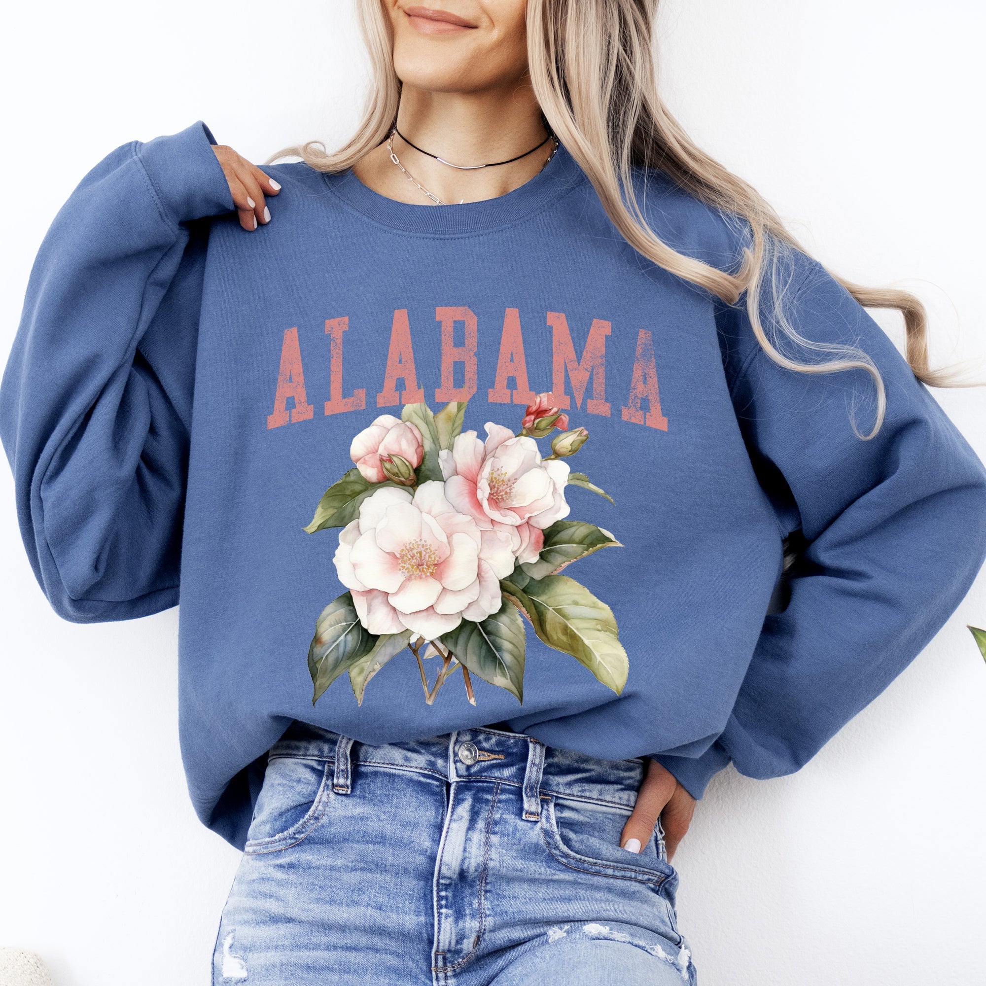 Alabama State Flower Vintage Botanical Crest State Emblem Soft Fleece Graphic Sweatshirt