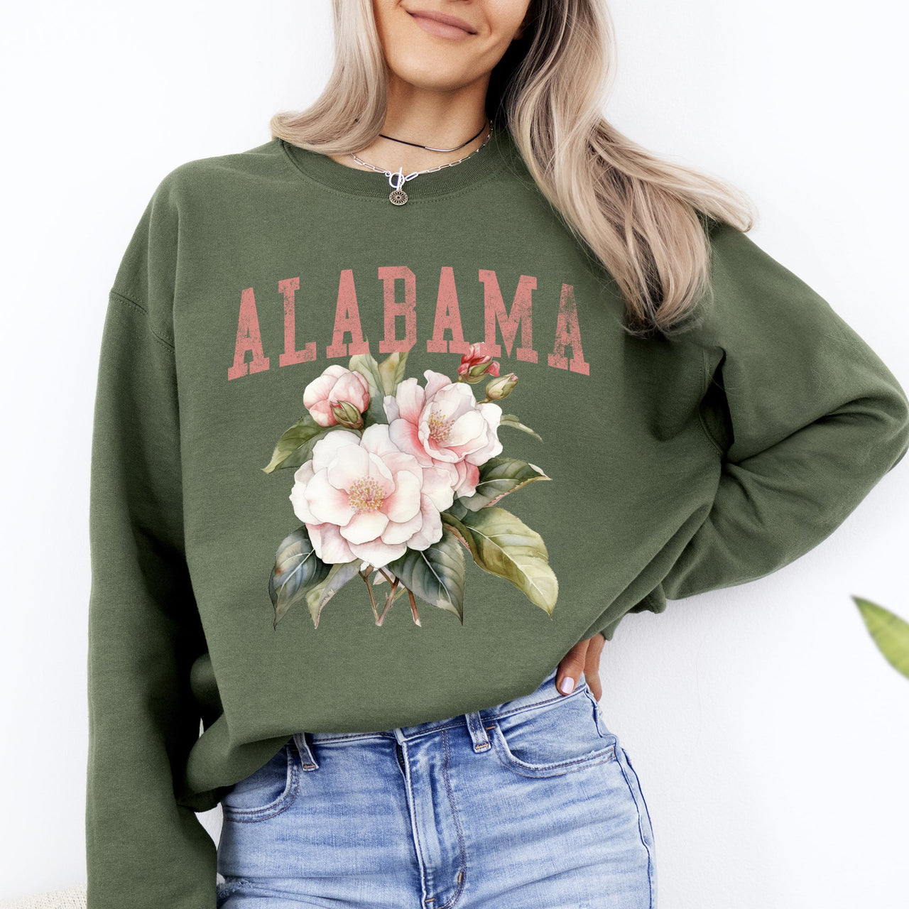 Alabama State Flower Vintage Botanical Crest State Emblem Soft Fleece Graphic Sweatshirt