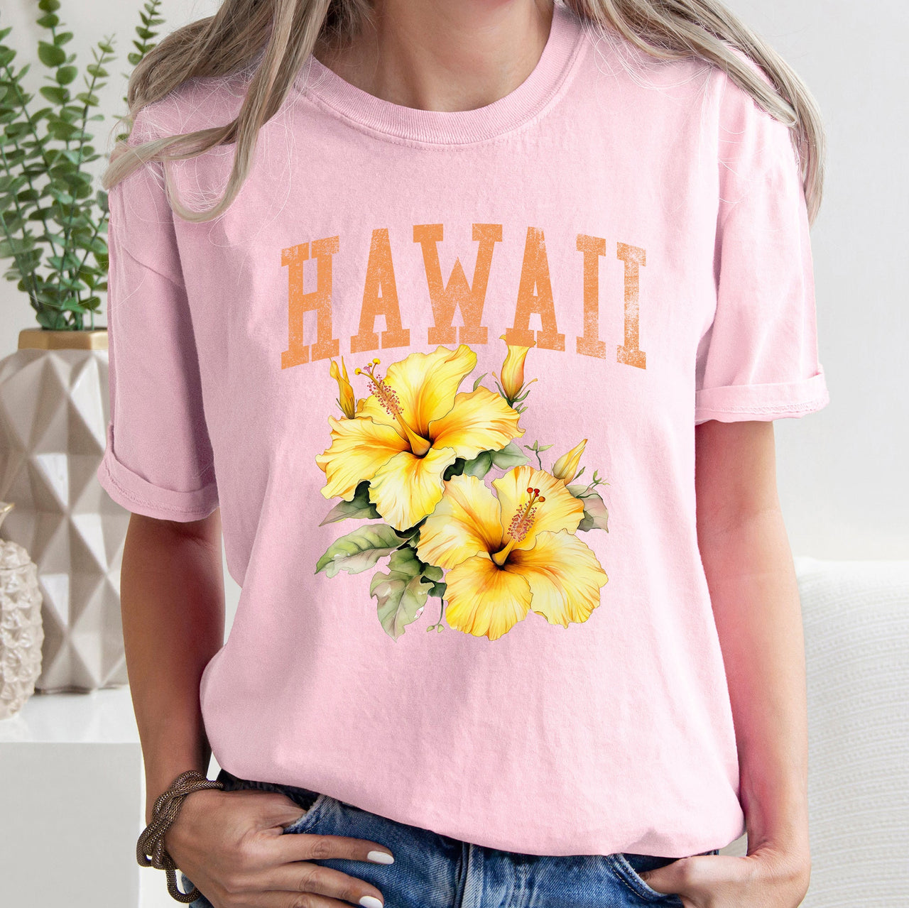 Hawaii State Flower Hibiscus Bloom Aloha By The Sea Sunset Pattern Comfort Colors Tee