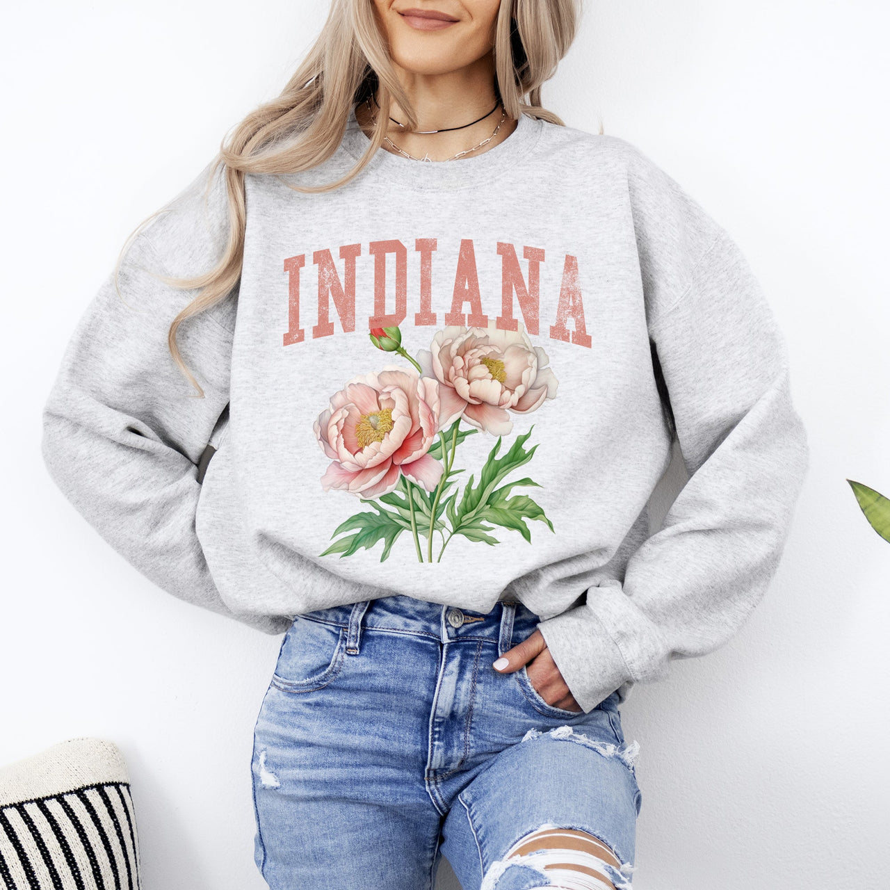 Indiana State Flower Peony Botanical Illustration And Typography Artwork Celebrating Indiana State Pride Sweatshirt