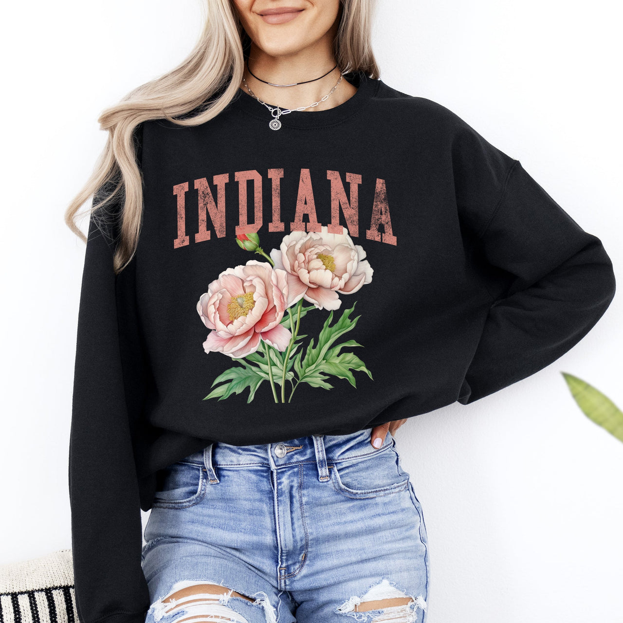 Indiana State Flower Peony Botanical Illustration And Typography Artwork Celebrating Indiana State Pride Sweatshirt