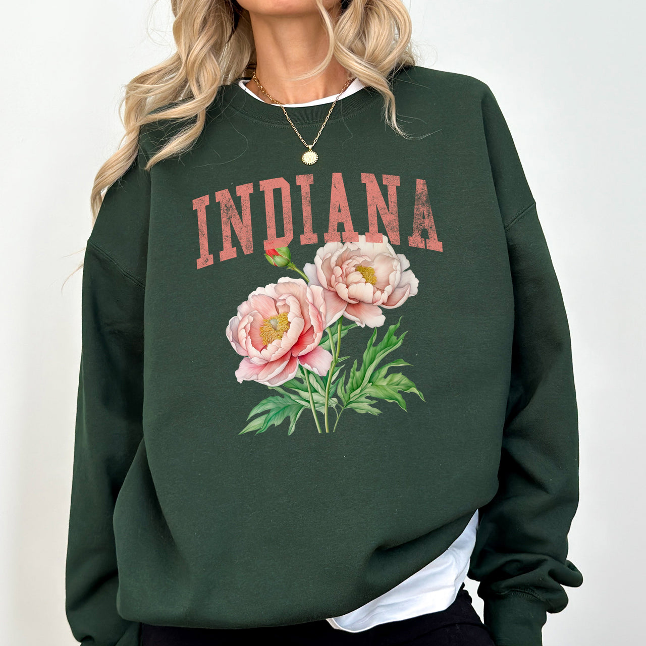 Indiana State Flower Peony Botanical Illustration And Typography Artwork Celebrating Indiana State Pride Sweatshirt