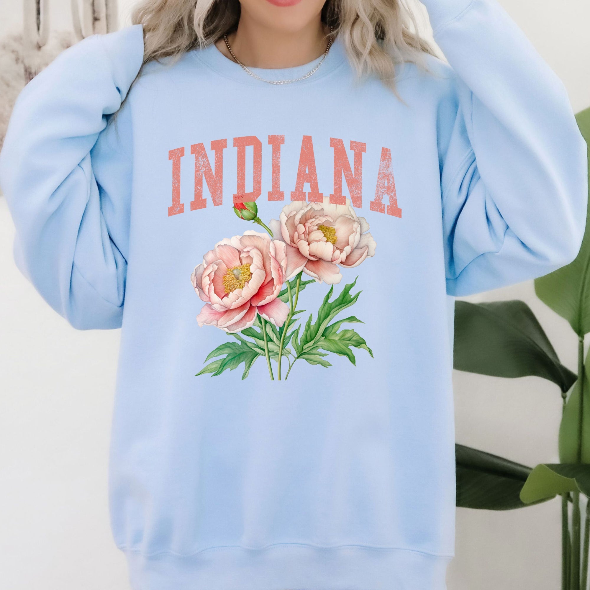 Indiana State Flower Peony Botanical Illustration And Typography Artwork Celebrating Indiana State Pride Sweatshirt