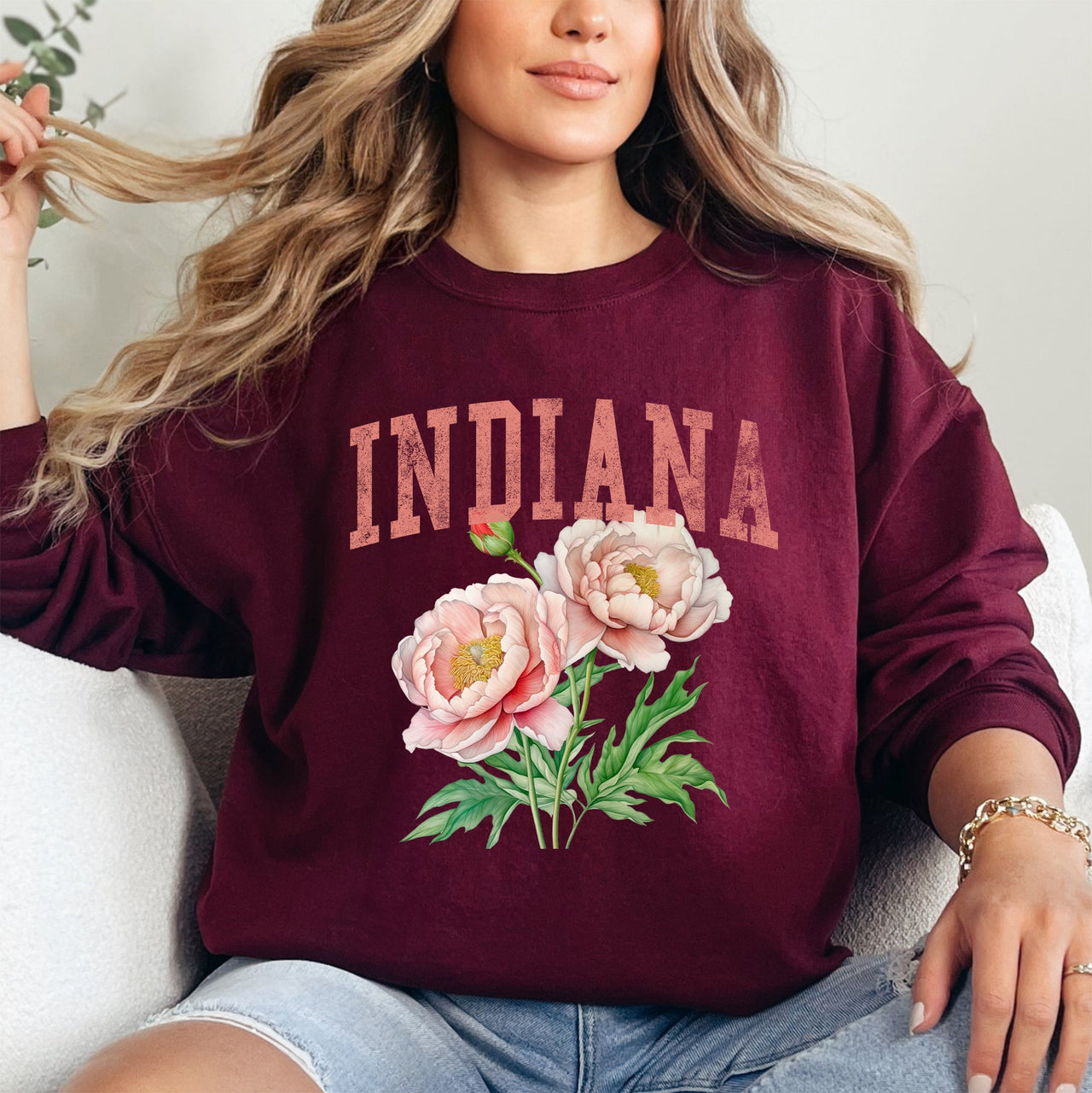 Indiana State Flower Peony Botanical Illustration And Typography Artwork Celebrating Indiana State Pride Sweatshirt