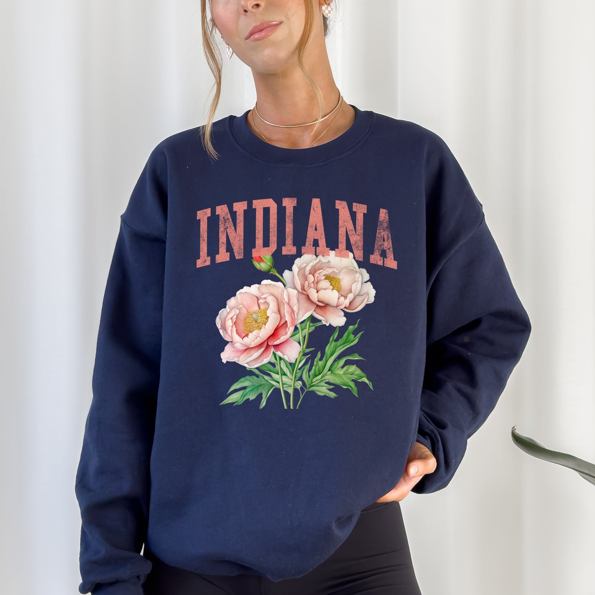 Indiana State Flower Peony Botanical Illustration And Typography Artwork Celebrating Indiana State Pride Sweatshirt