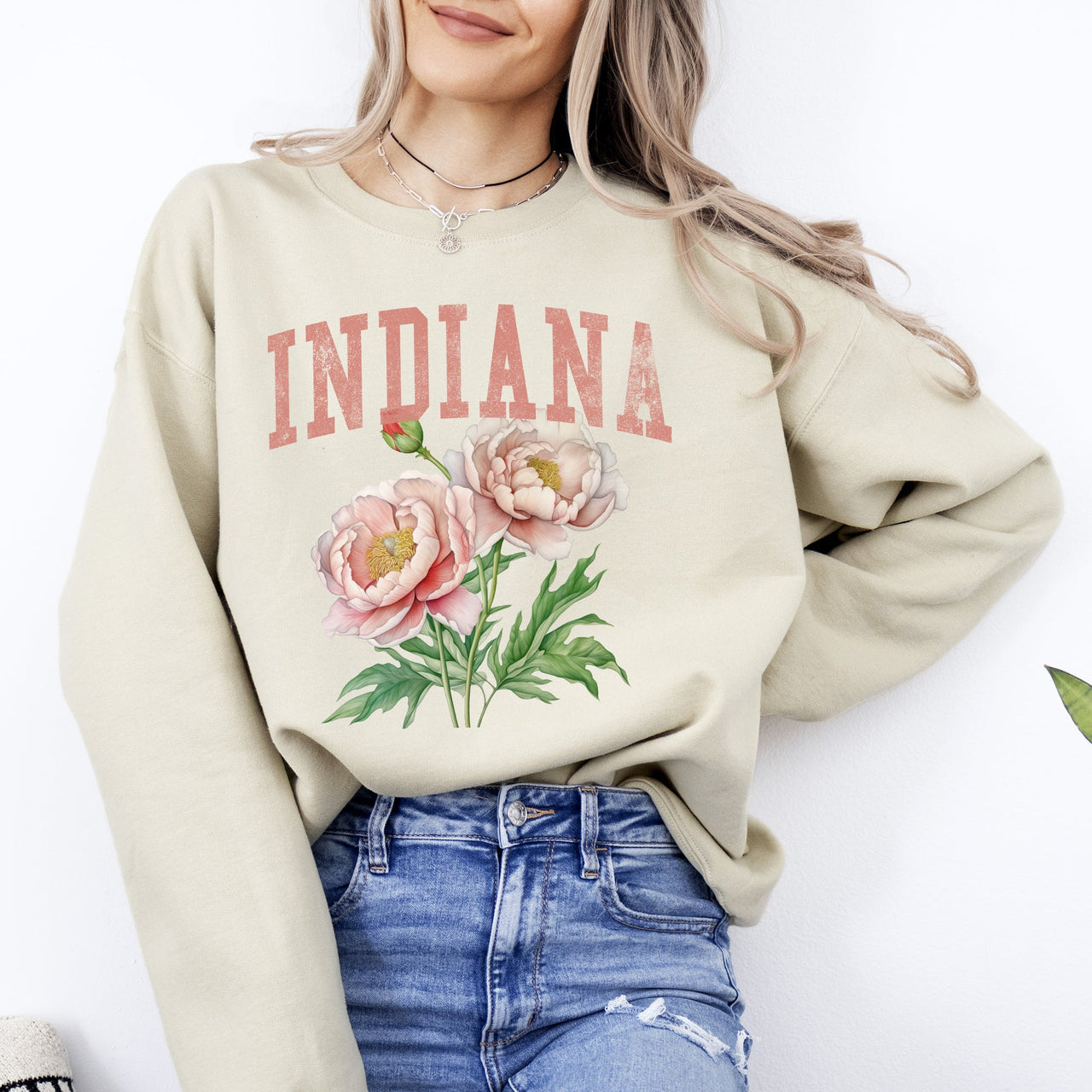 Indiana State Flower Peony Botanical Illustration And Typography Artwork Celebrating Indiana State Pride Sweatshirt