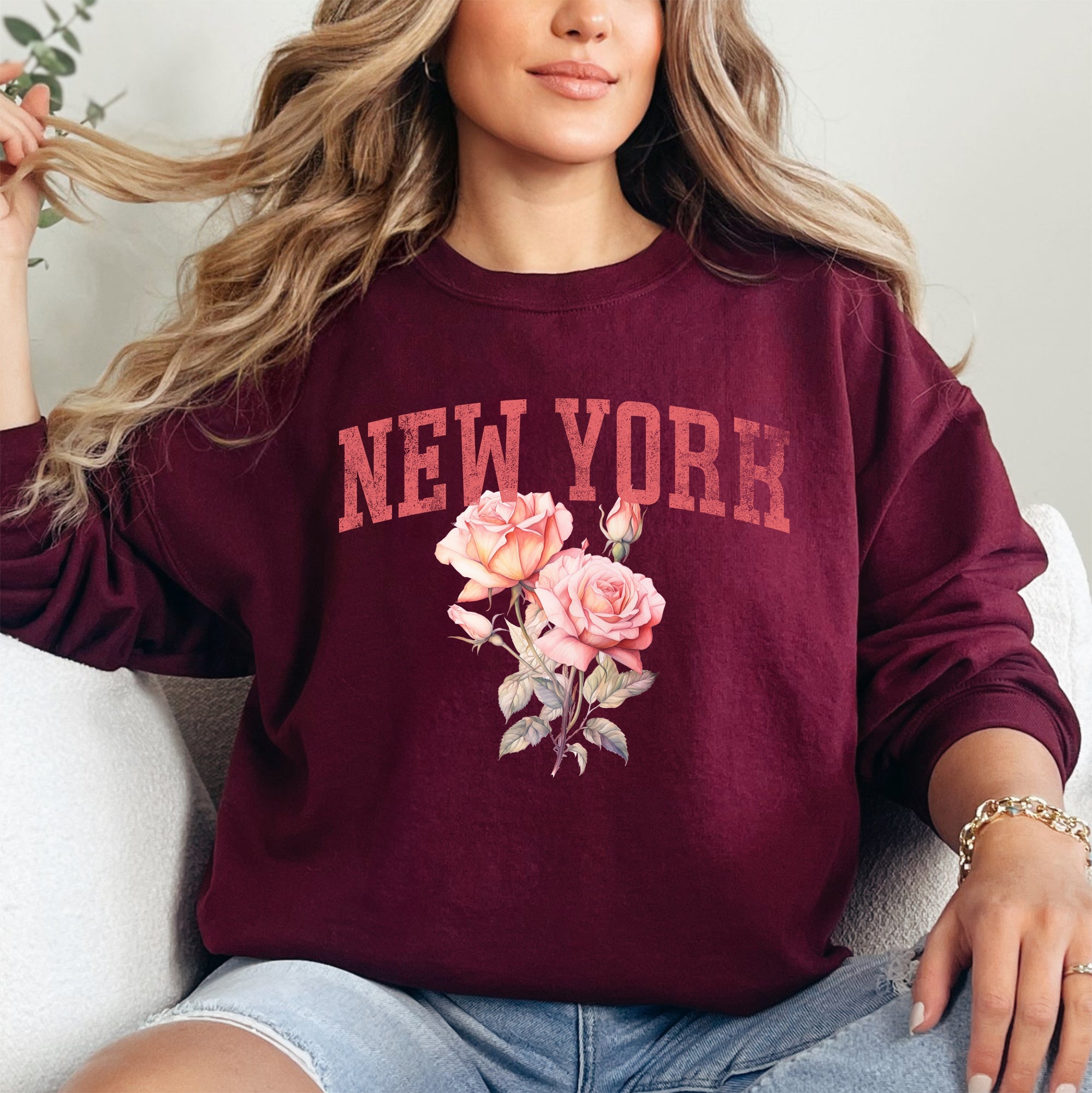 New York State Flower Botanical Motif Vintage Edition Premium Soft Fleece Sweatshirt