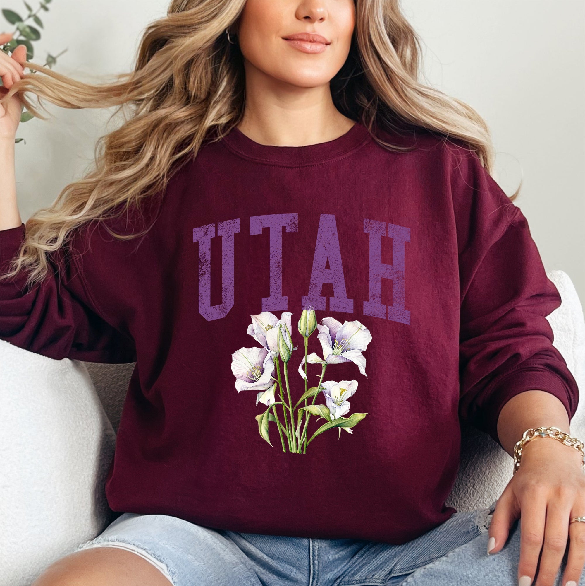 Utah State Flower Botanical Motif And State Pride Emblem On Premium Ultra Sweatshirt