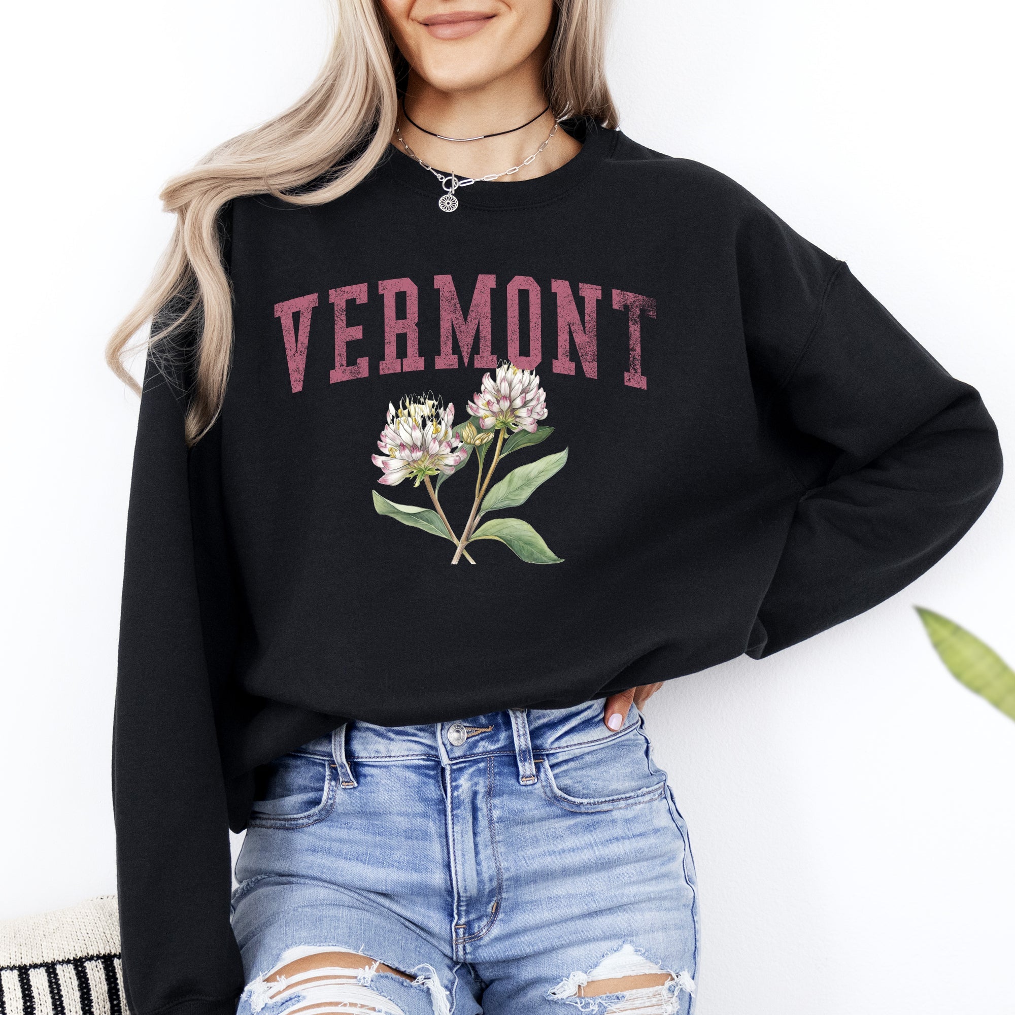 Vermont State Flower Botanical Illustration Emblem Featuring Classic State Flora Motif for Nature Lovers Sweatshirt