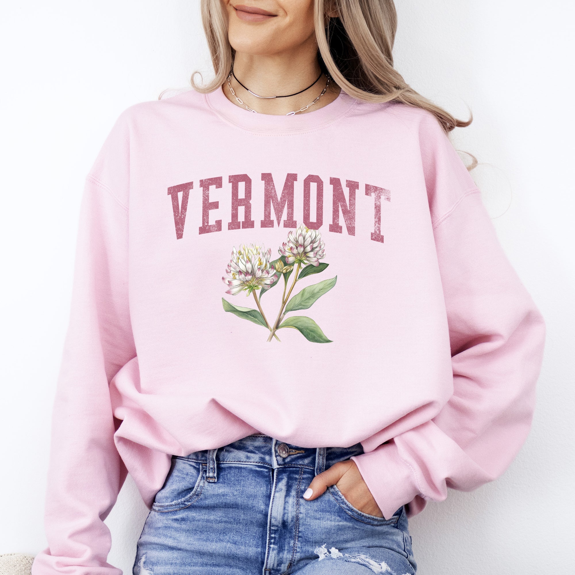 Vermont State Flower Botanical Illustration Emblem Featuring Classic State Flora Motif for Nature Lovers Sweatshirt