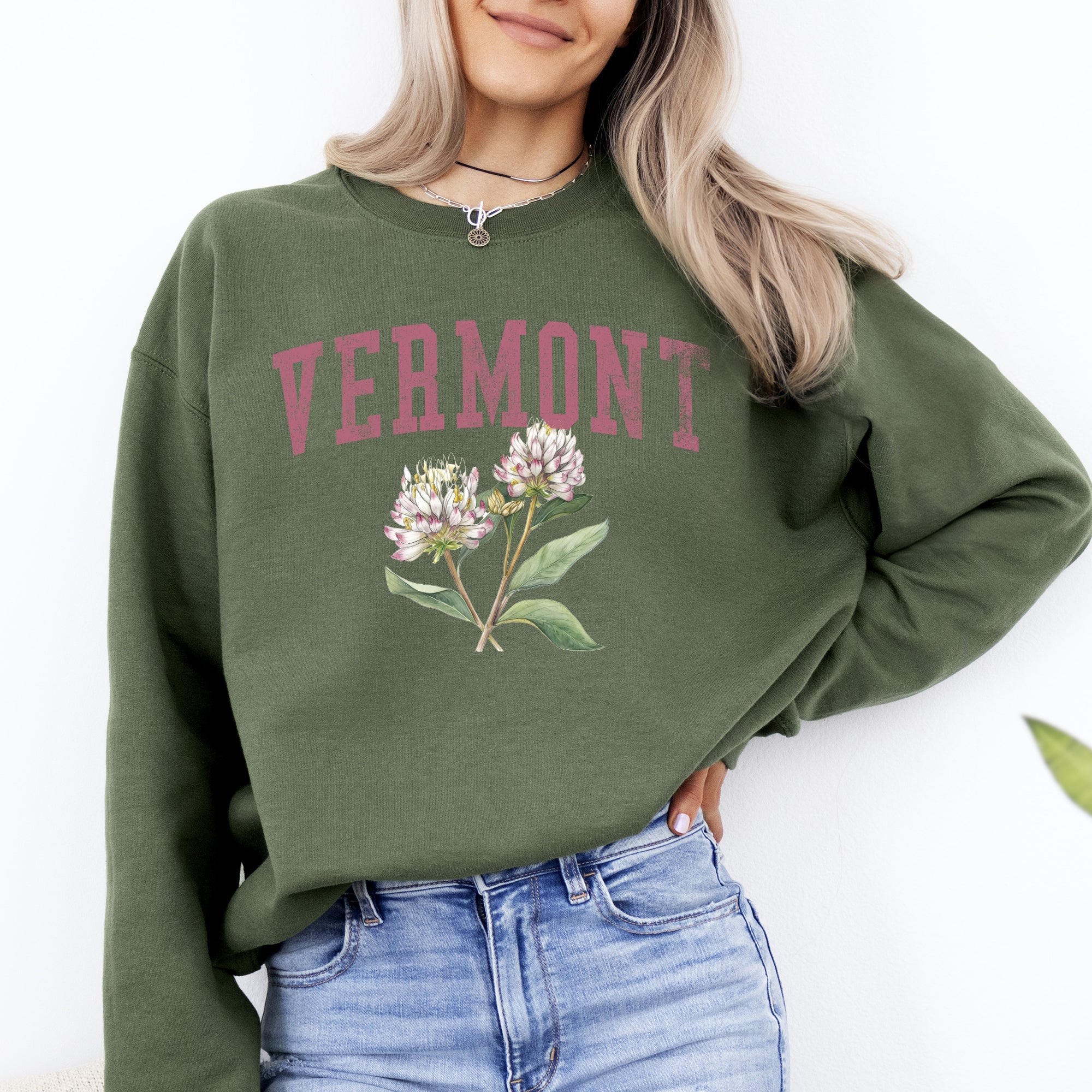 Vermont State Flower Botanical Illustration Emblem Featuring Classic State Flora Motif for Nature Lovers Sweatshirt