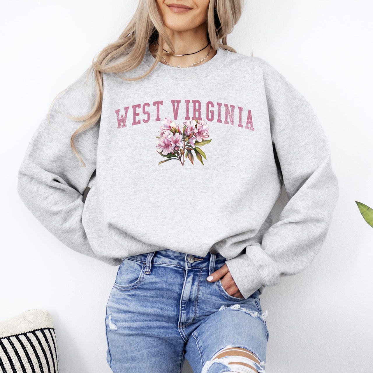 West Virginia State Flower Vintage Script Graphic Emblem Cozy Fleece Everyday Wear Sweatshirt