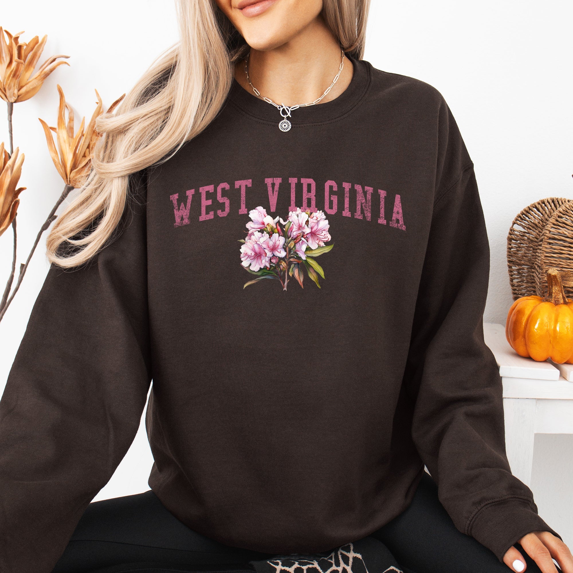 West Virginia State Flower Vintage Script Graphic Emblem Cozy Fleece Everyday Wear Sweatshirt