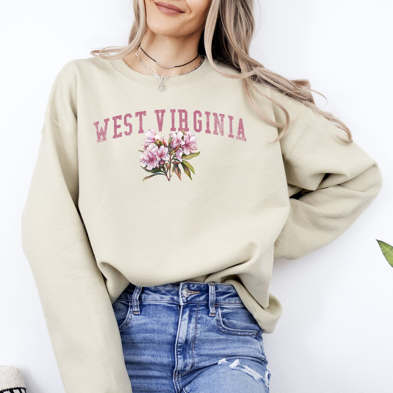 West Virginia State Flower Vintage Script Graphic Emblem Cozy Fleece Everyday Wear Sweatshirt